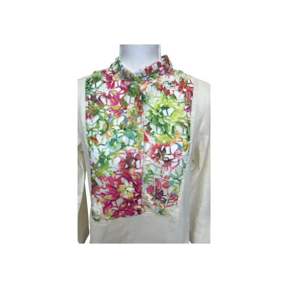 Boho Chic 100% Linen Floral Panel Tunic, Size S, Made in USA
